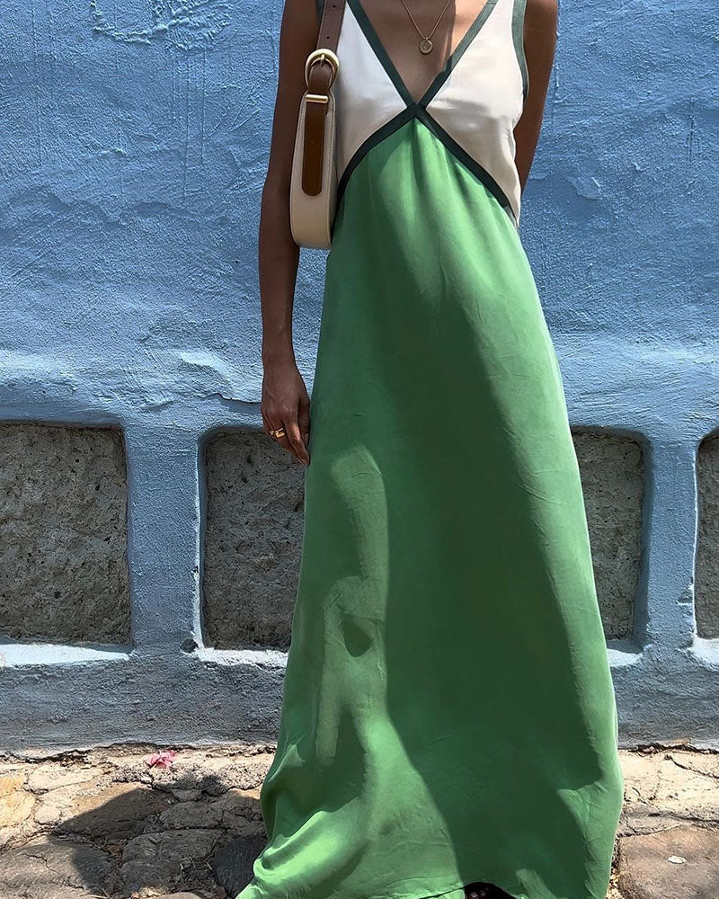 Women's elegant color block V-neck maxi dress, a versatile long dress for modern fashion.