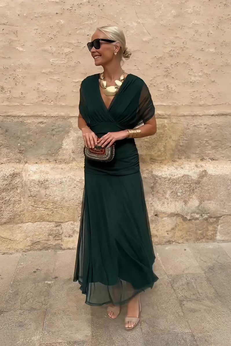 Elegant V-neck fantasy print maxi dress for women, perfect for parties & special occasions.