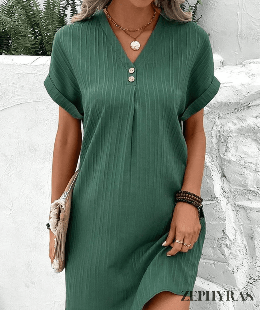 Women's stylish V-neck midi dress, an elegant versatile clothing piece for various occasions. Polyester spandex.