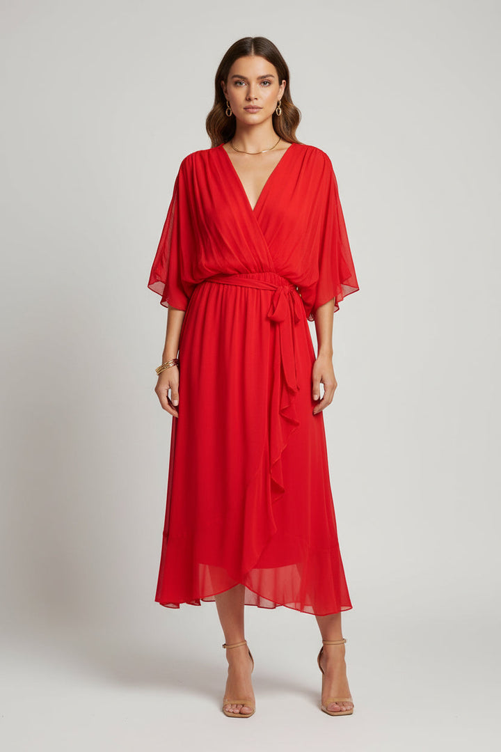 Elegant V-neck short sleeve evening gown, perfect for formal events & special occasions.