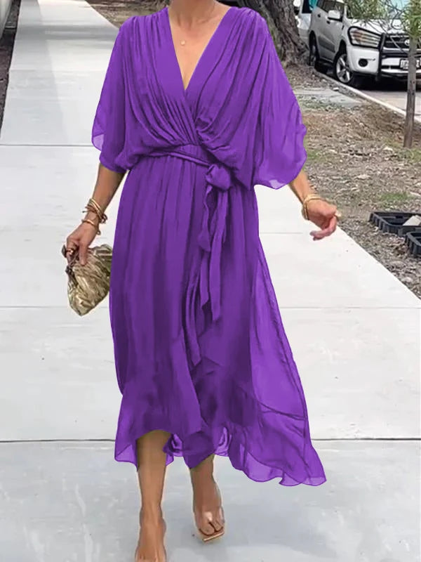 Graceful V-neck short sleeve flowing party dress, women's elegant fashion statement.