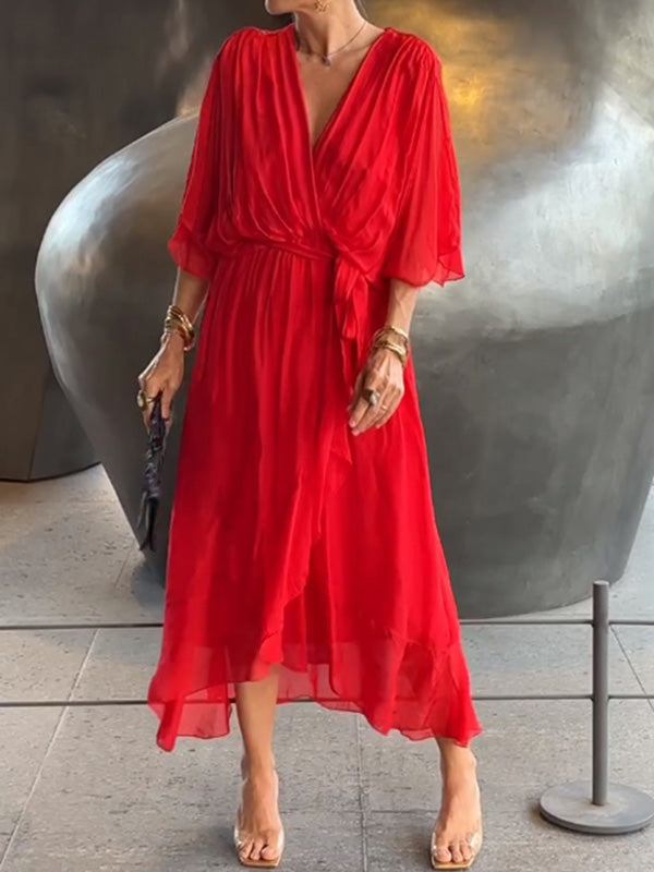 Women's formal maxi dress with V-neck & short sleeves, ideal for wedding guests.