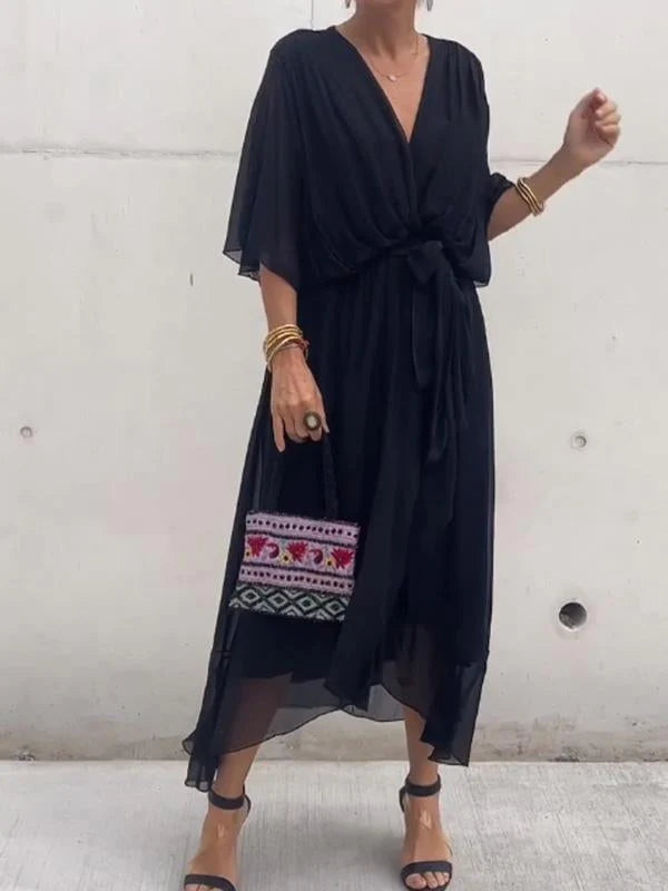 Classic black V-neck short sleeve formal dress, elegant women's fashion for occasions.