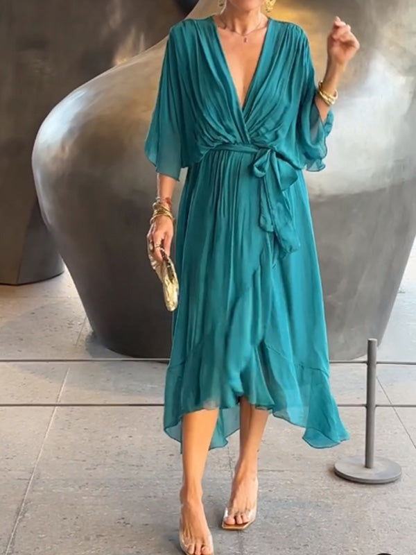 Comfortable & chic V-neck short sleeve formal dress, elegant women's party attire.