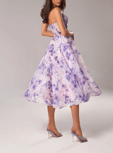 Purple V-neck summer dress, elegant women's midi, sleeveless and flowy for beach or party wear.