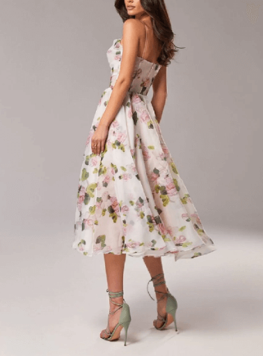 Casual V-neck women's summer dress, elegant midi length, flowy apricot design perfect for beach days.