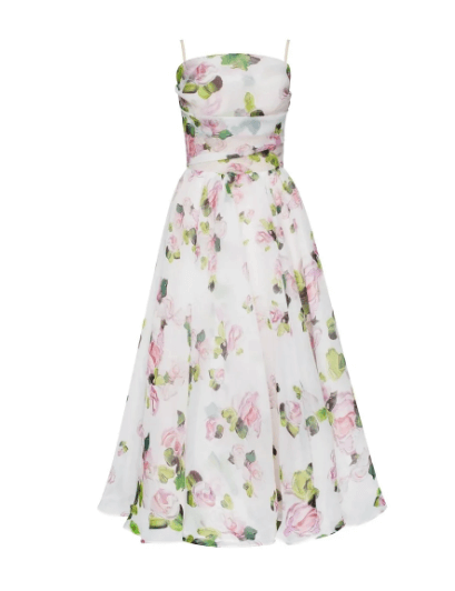 Flowy polyester V-neck summer dress, elegant midi length, sleeveless women's wear, perfect for beach or party.