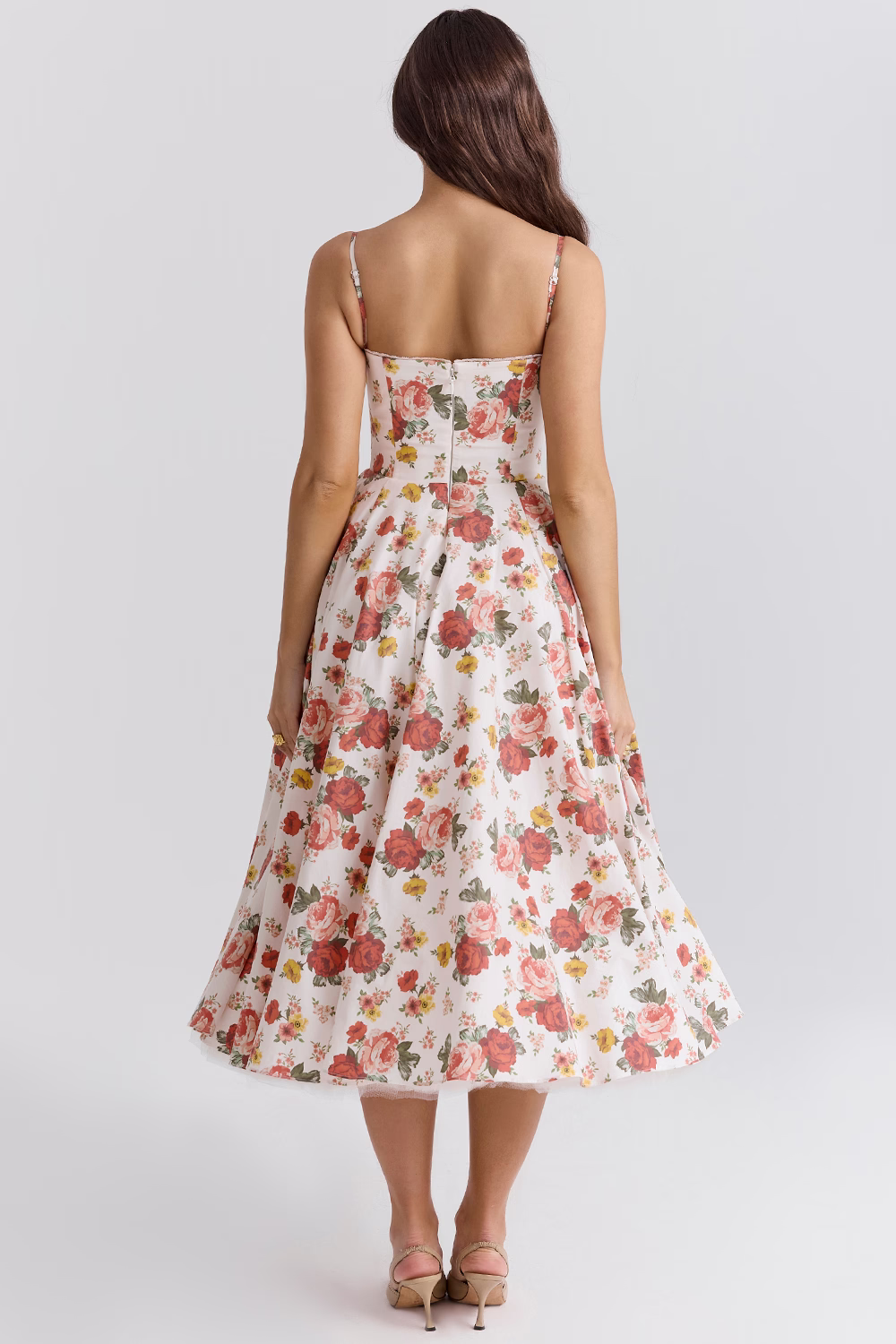 Vintage style women's formal dress with a sophisticated lace-trimmed midi length.