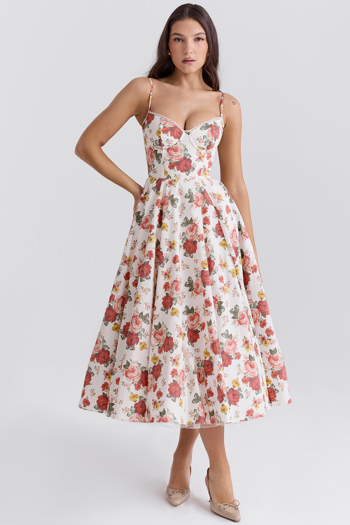 Sophisticated women's formal midi dress, showcasing a timeless vintage design.