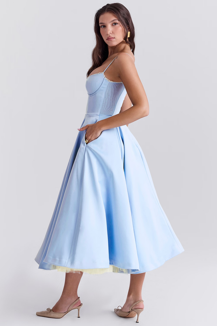 Women's retro fashion midi dress, featuring a classic design & lace trim details.