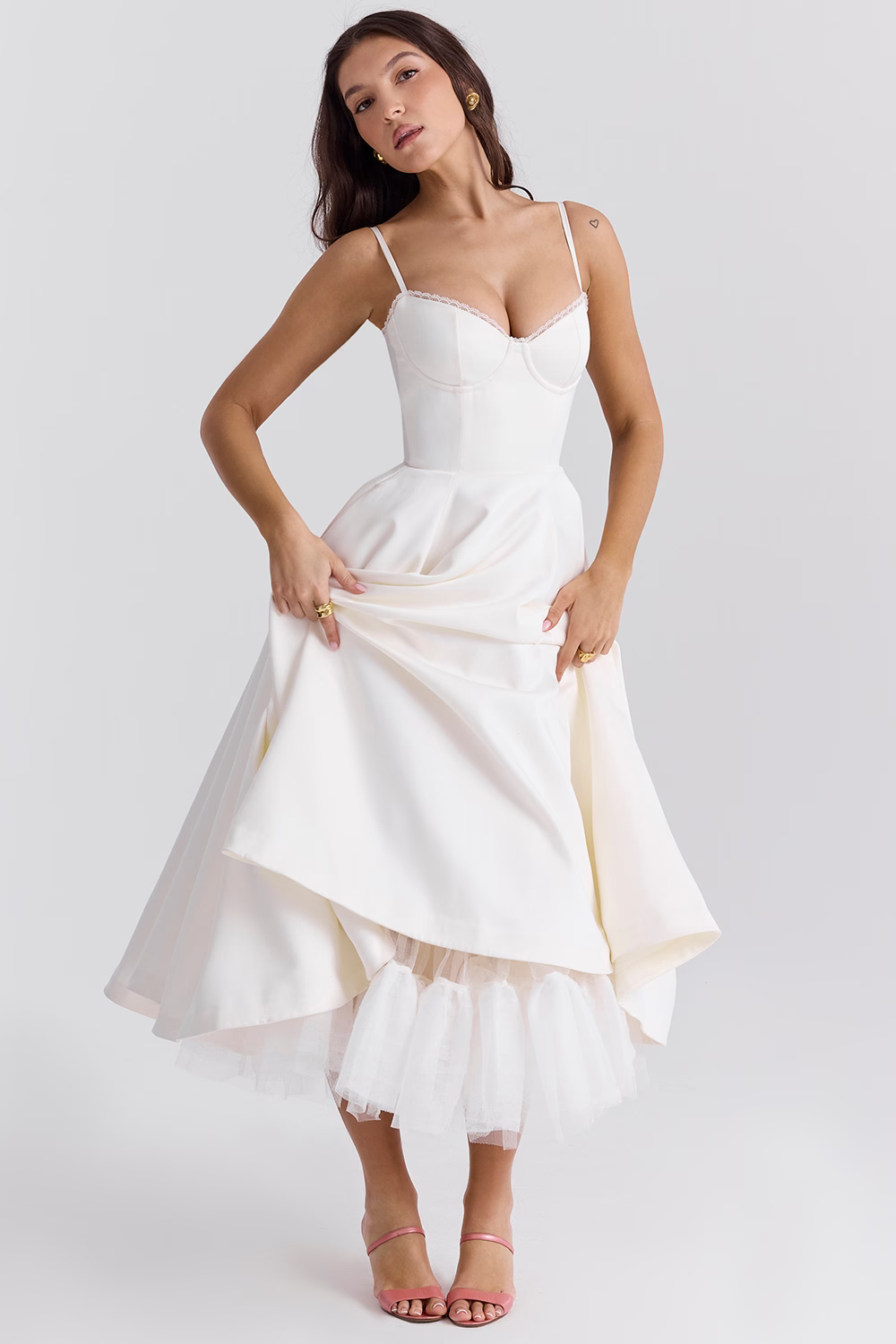 Classic women's formal dress, a vintage midi with delicate lace trim.