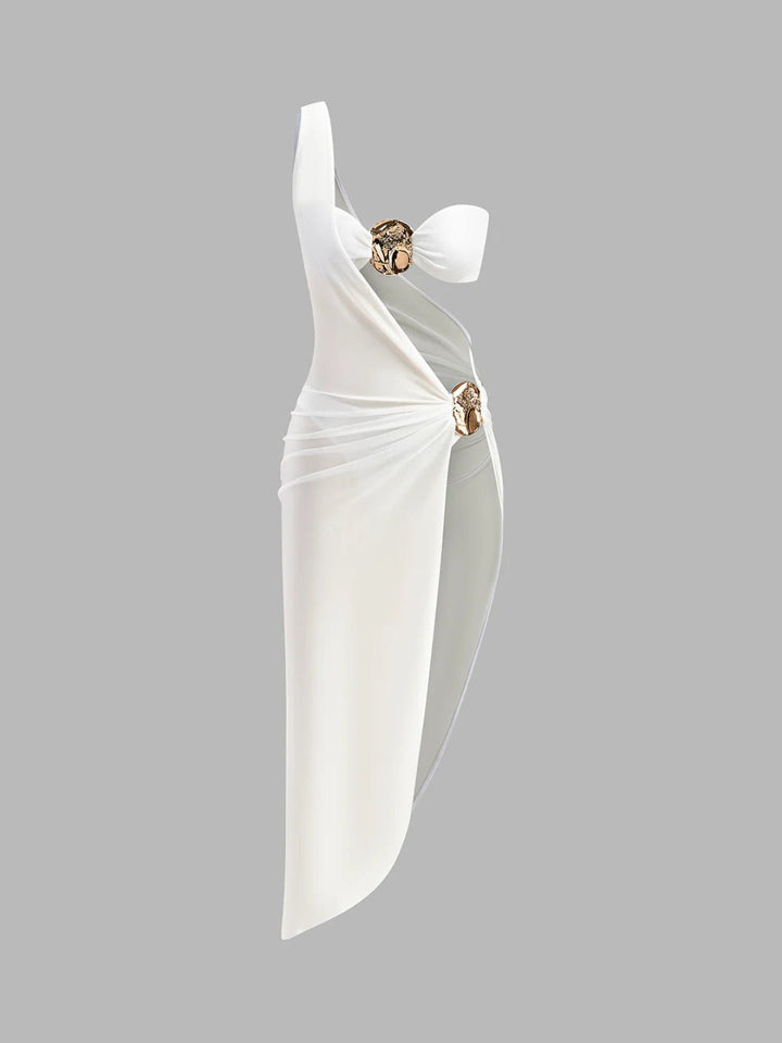 Sophisticated women's summer party midi dress in white with stylish cut-outs & shiny metallic details.