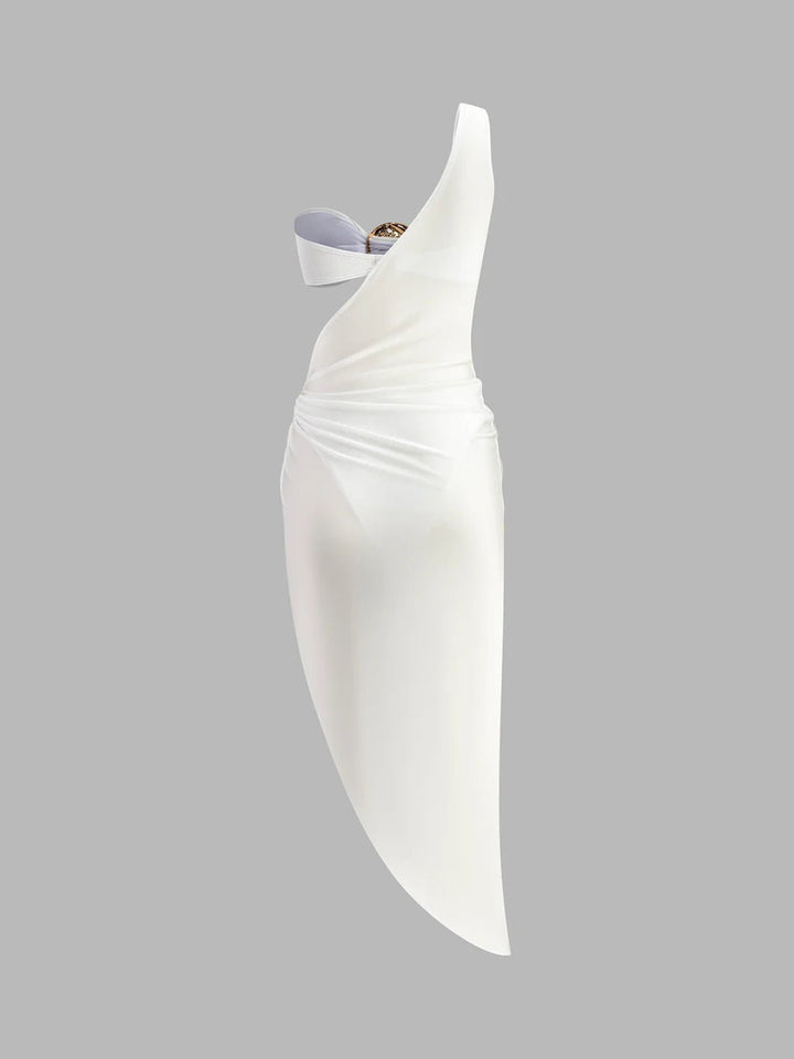 Fashionable women's white midi dress with flattering cut-out details & metallic hardware. Great for evening wear.