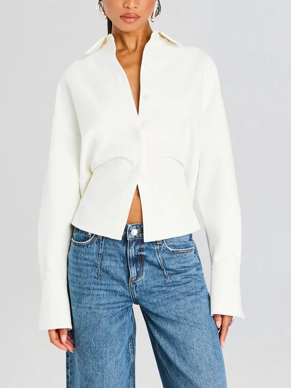 Chic white women's draped button-down blouse. Versatile for smart-casual, workwear, and elegant fashion.