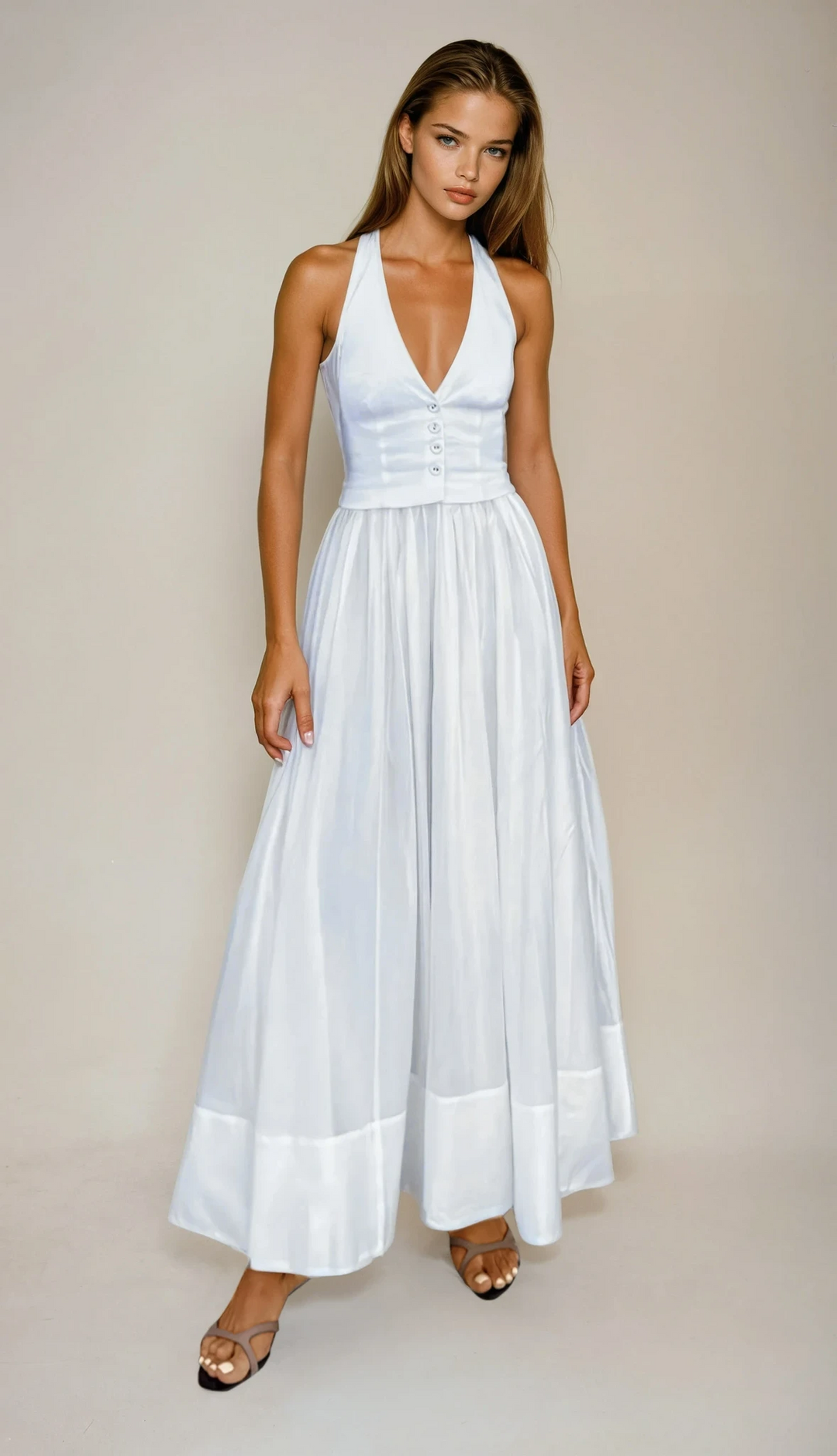 Elegant white V-neck maxi dress for women, perfect for summer parties, flowing and comfortable.