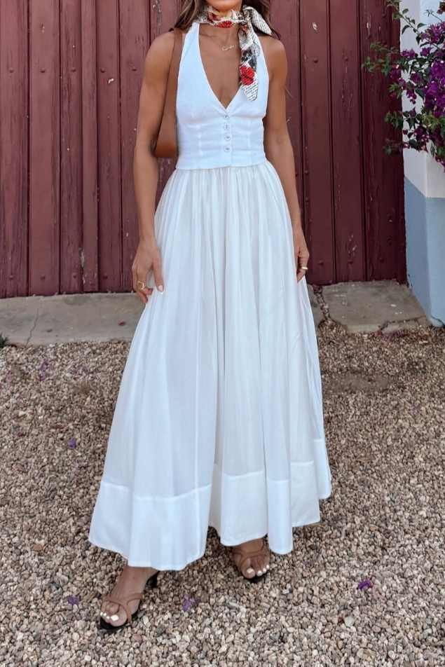 Stylish white maxi dress for women, versatile for summer casual or elegant party wear, comfortable flowing fit.