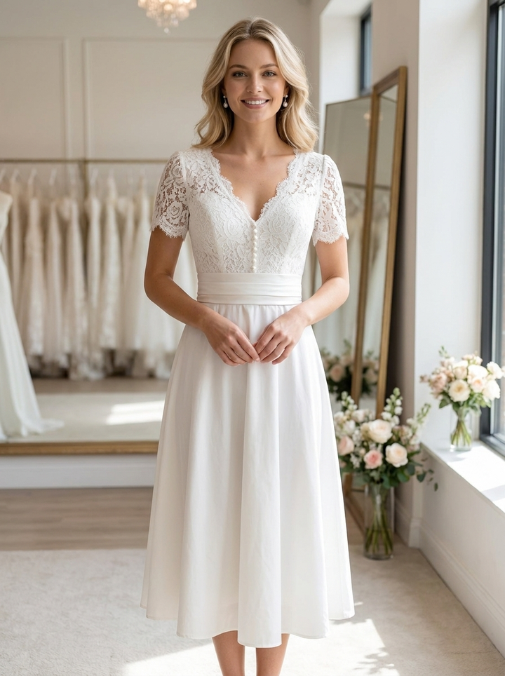 Elegant white V-neck midi wedding dress for women, featuring short sleeves and A-line cut, perfect for a timeless ceremony.