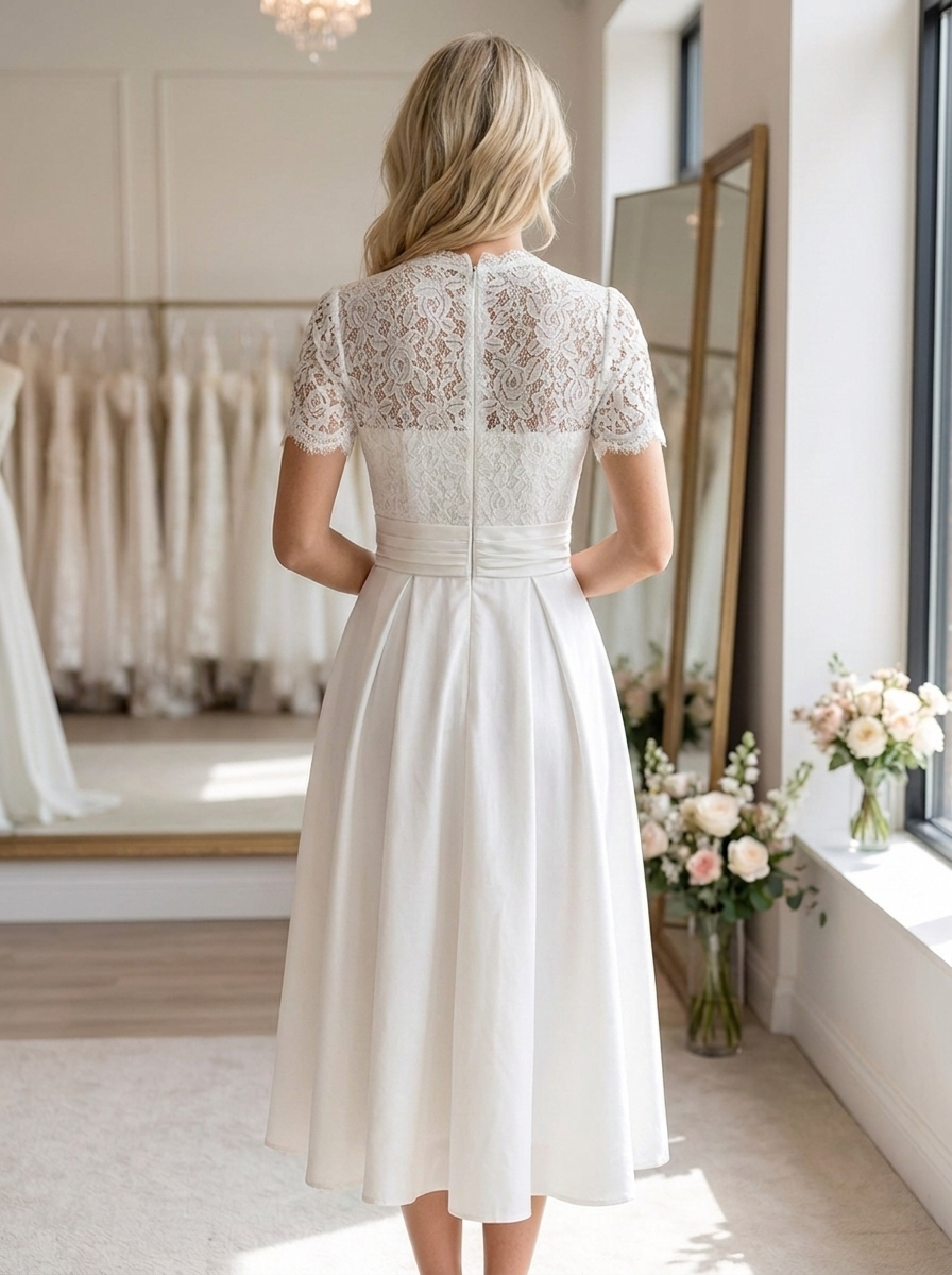 Women's sophisticated V-neck midi bridal gown with short sleeves. Classic A-line design for an elegant special occasion.