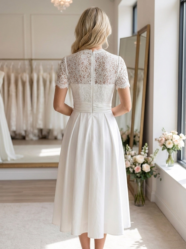 Women's sophisticated V-neck midi bridal gown with short sleeves. Classic A-line design for an elegant special occasion.