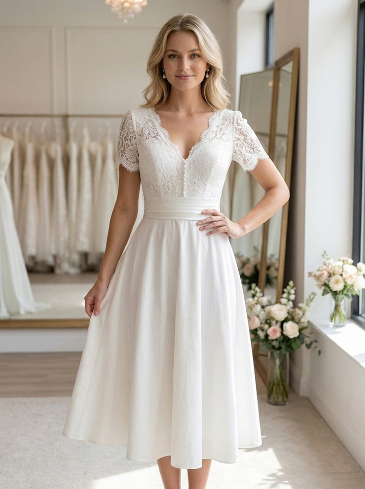 Timeless white V-neck midi wedding dress for women with short sleeves. Perfect A-line ceremony gown.