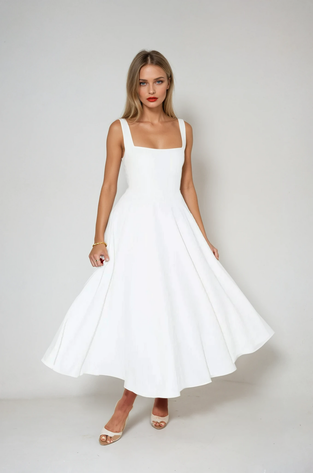 Elegant white women's cocktail midi dress with a square neck and flared skirt, perfect for special occasions & parties.