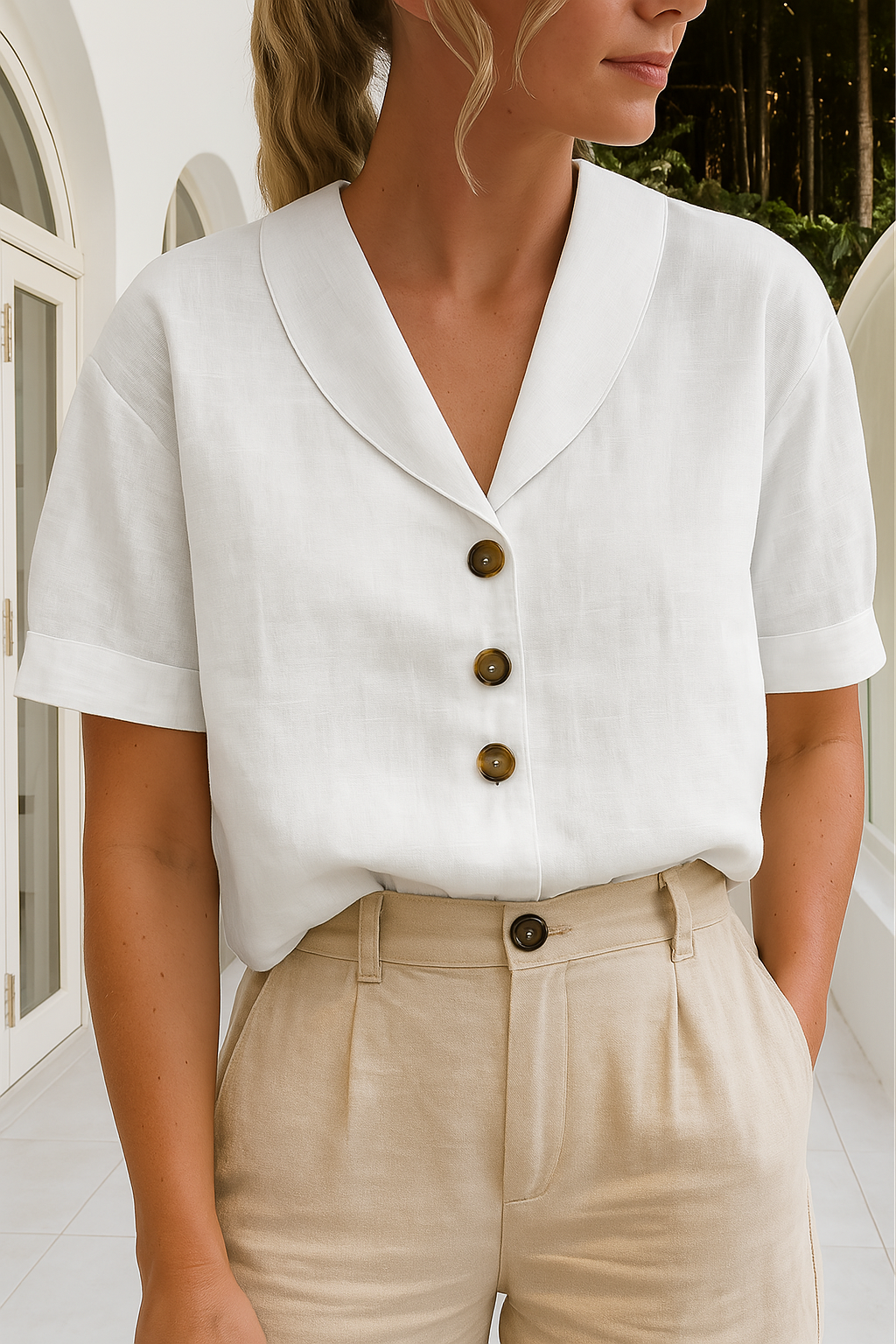 Elegant white women's long sleeve blouse, perfect for office wear or casual chic. Timeless style & comfort.