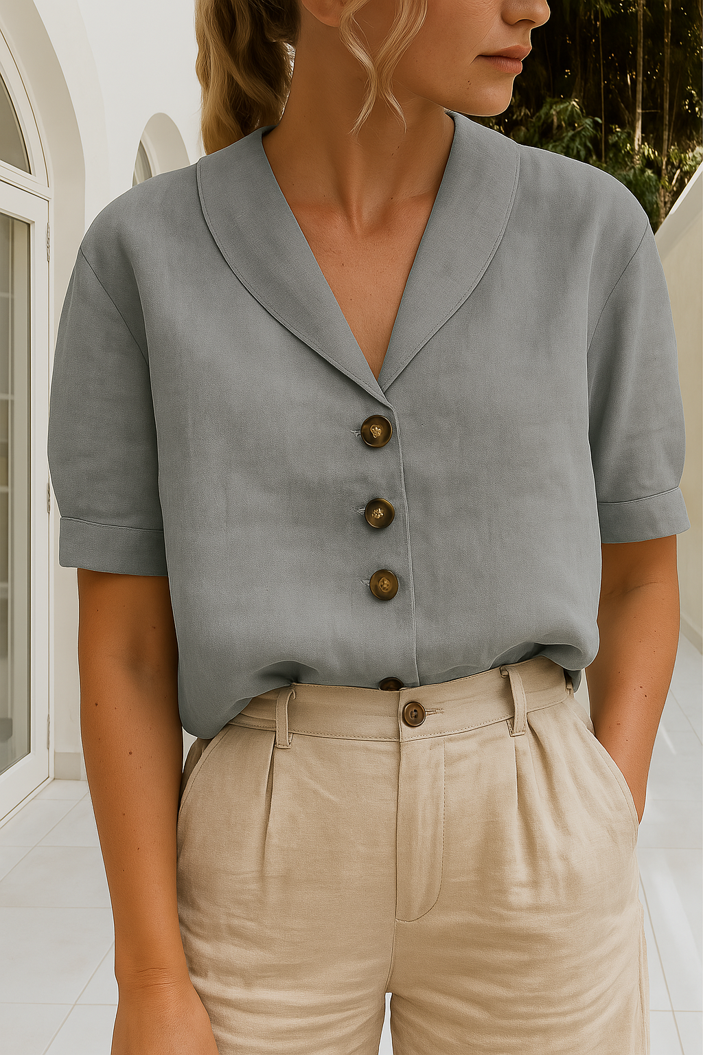 Gray women's elegant long sleeve blouse for a timeless, sophisticated look. Ideal for office wear & fashion.