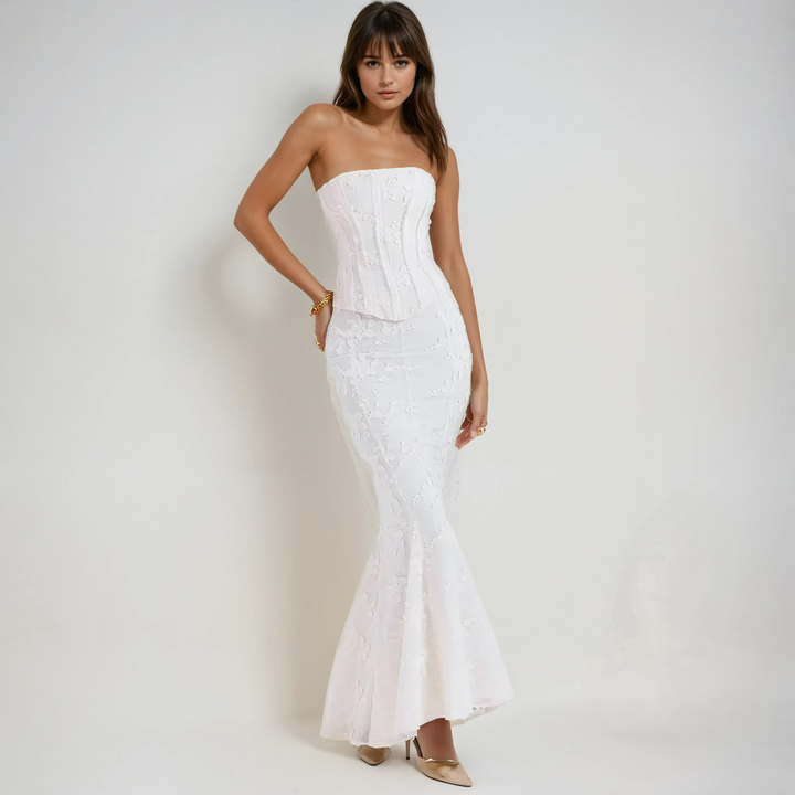 Elegant white women's strapless embroidered maxi dress, perfect for wedding guests or formal evening events.