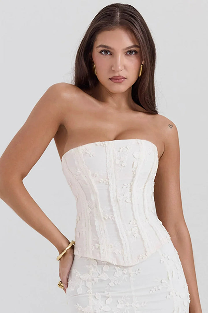 Beautiful women's strapless embroidered formal maxi gown, ideal for special occasion or wedding guest attire.