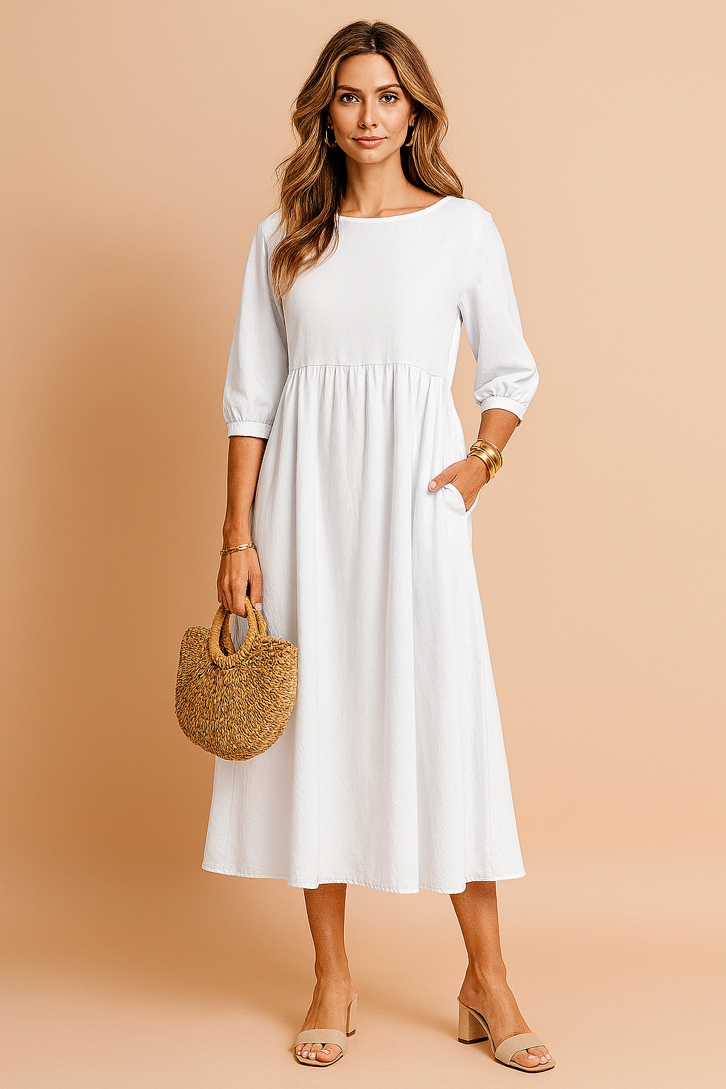 Elegant women's midi dress with 3/4 sleeves. Versatile, chic, and comfortable for office, casual, and modest wear.