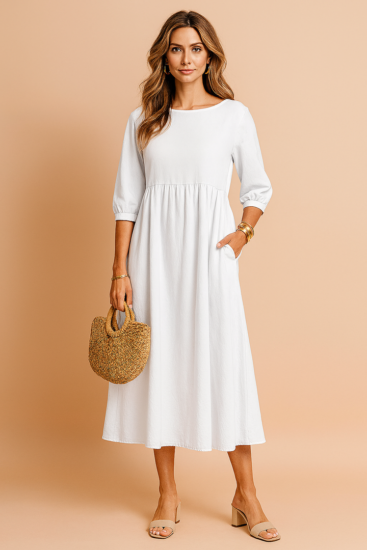 Elegant women's midi dress with 3/4 sleeves. Versatile, chic, and comfortable for office, casual, and modest wear.
