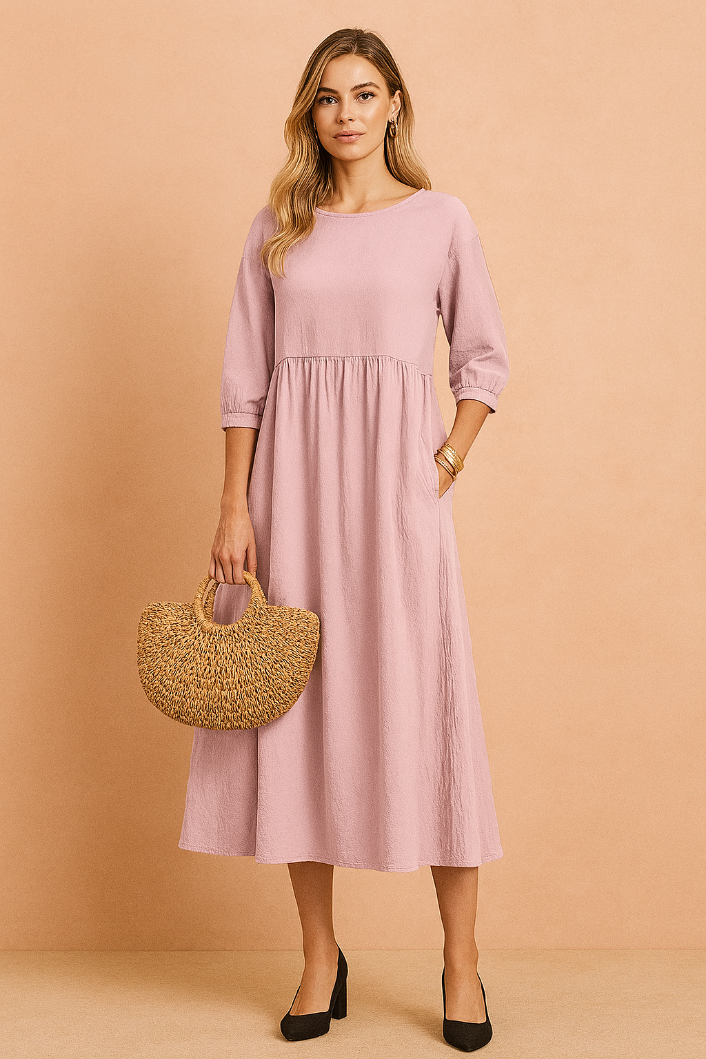 Chic 3/4 sleeve midi dress for women. Ideal elegant office wear or modest everyday fashion style.