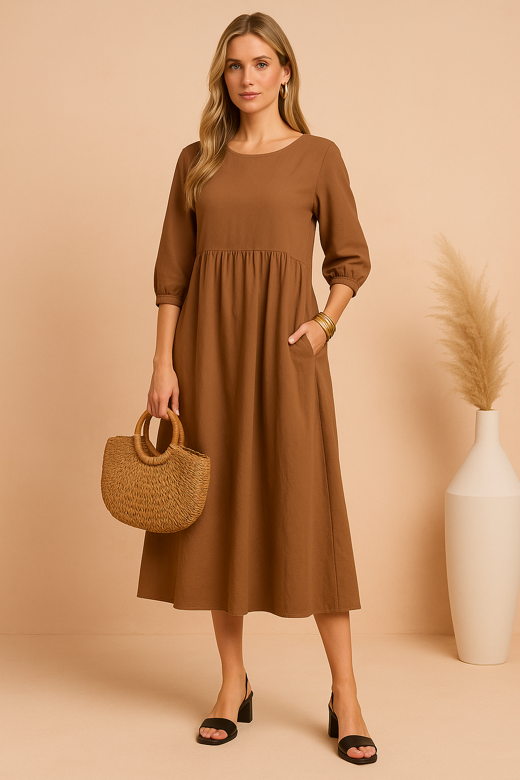 Stylish women's midi dress featuring 3/4 sleeves. An elegant and comfortable piece for any occasion.