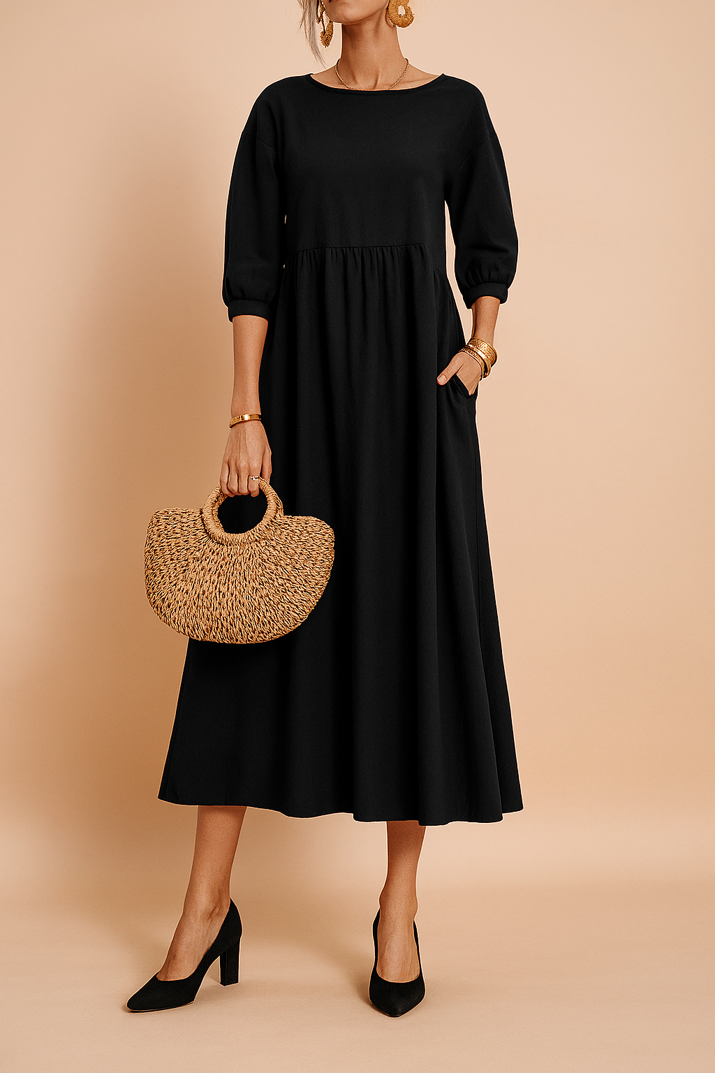 Modest yet elegant women's 3/4 sleeve midi dress. Great for office wear, everyday comfort, and chic style.