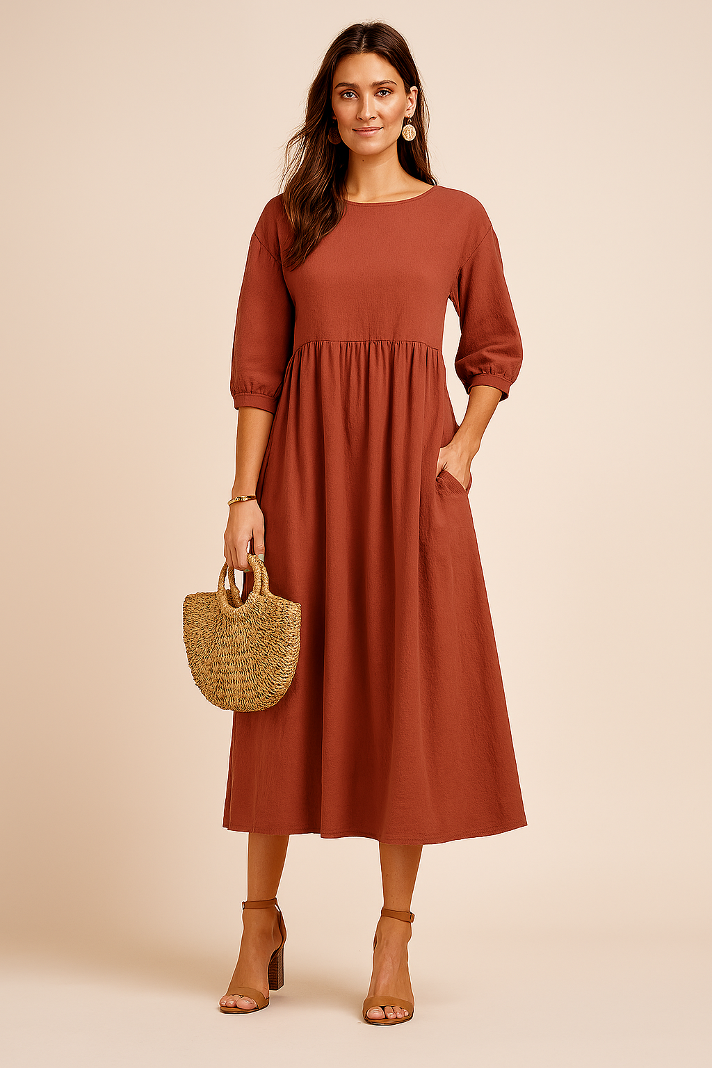 Stylish women's 3/4 sleeve midi dress, perfect for elegant office attire or comfortable everyday fashion.