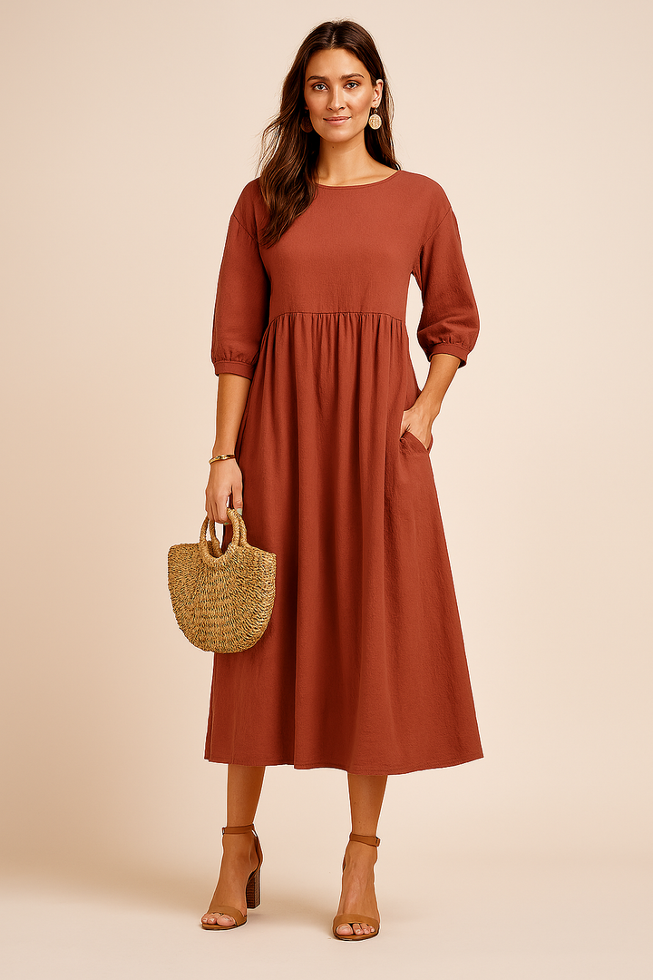 Stylish women's 3/4 sleeve midi dress, perfect for elegant office attire or comfortable everyday fashion.