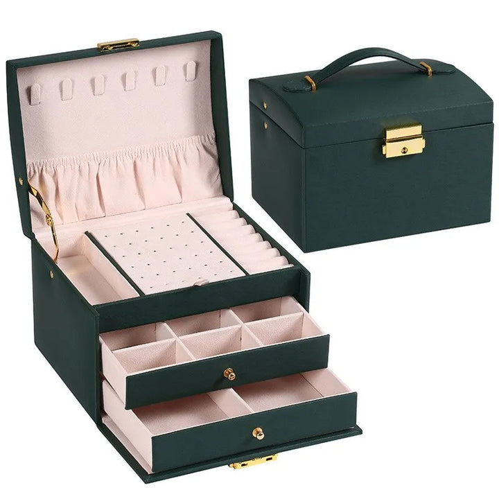 Elegant women's 3-layer faux leather jewelry organizer box for necklaces, rings, earrings & bracelets.