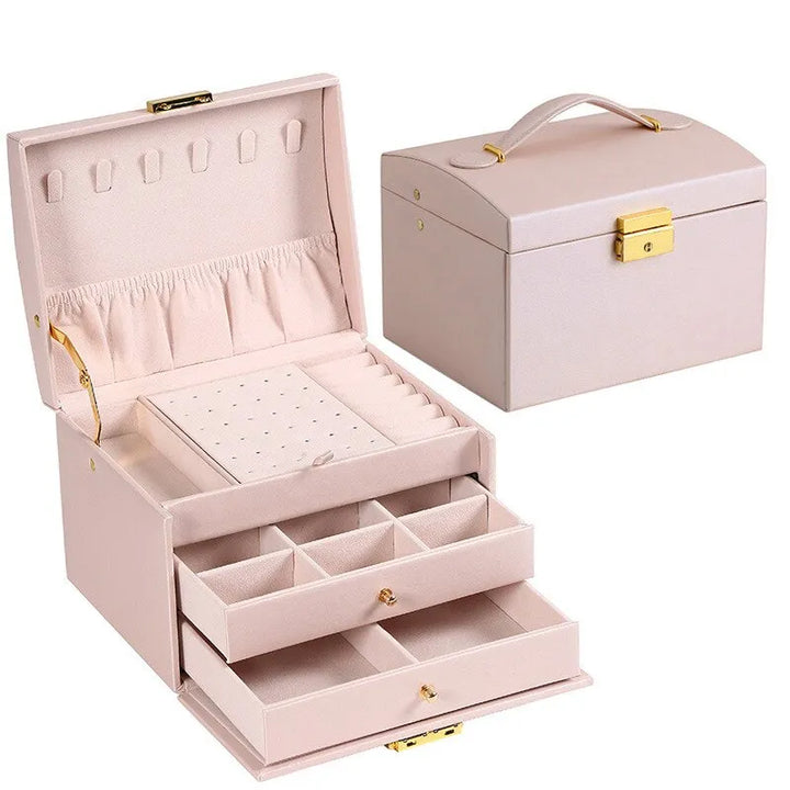Stylish faux leather 3-layer jewelry box, an elegant gift for women to store accessories on vanity.