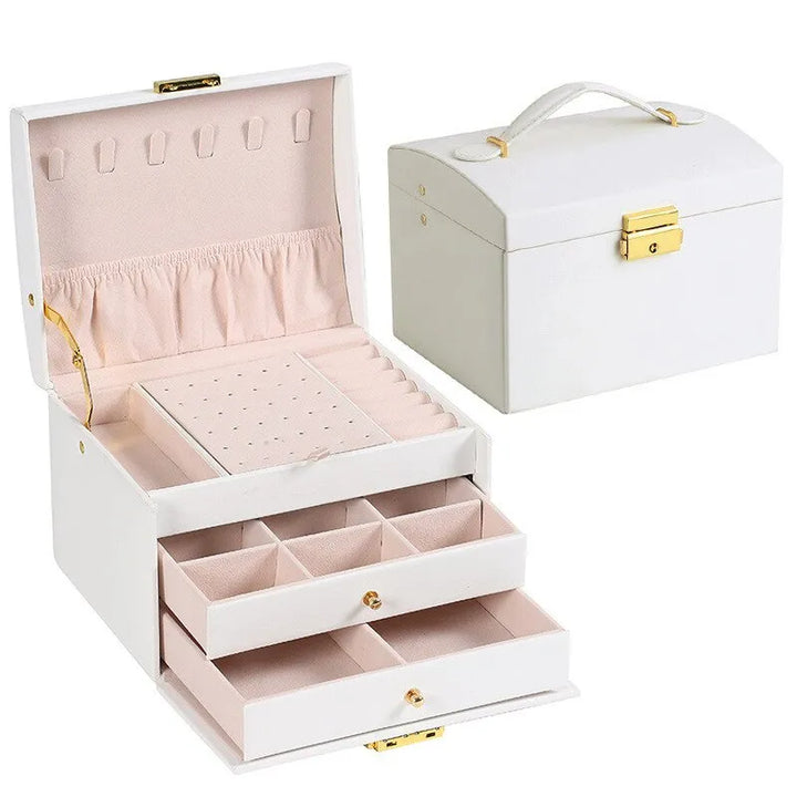 Women's multi-compartment 3-layer jewelry organizer. Stores earrings, rings, necklaces, and watches neatly.