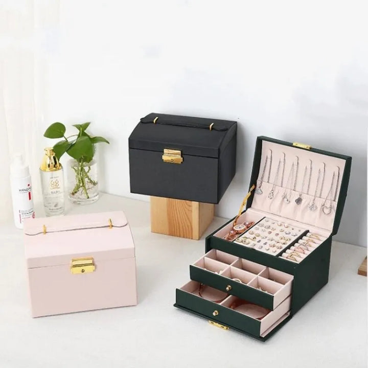 Chic 3-layer jewelry storage organizer for women, perfect for vanity decor & accessory display.