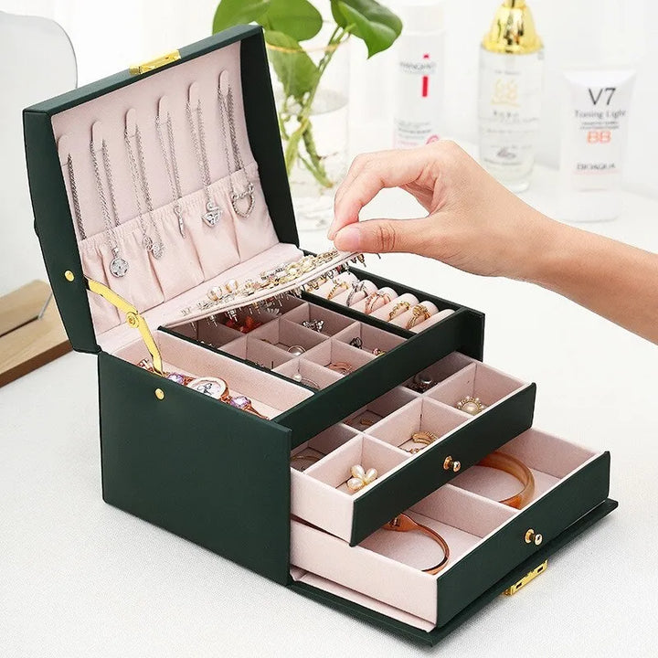 Premium faux leather 3-layer jewelry organizer, an elegant solution for women's accessory storage.