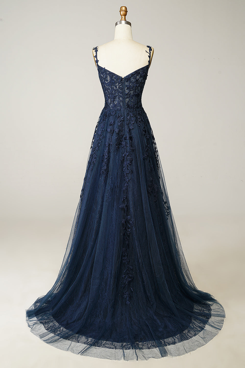 Stylish navy blue A-line ball gown with elegant appliques, ideal for wedding guests & galas.