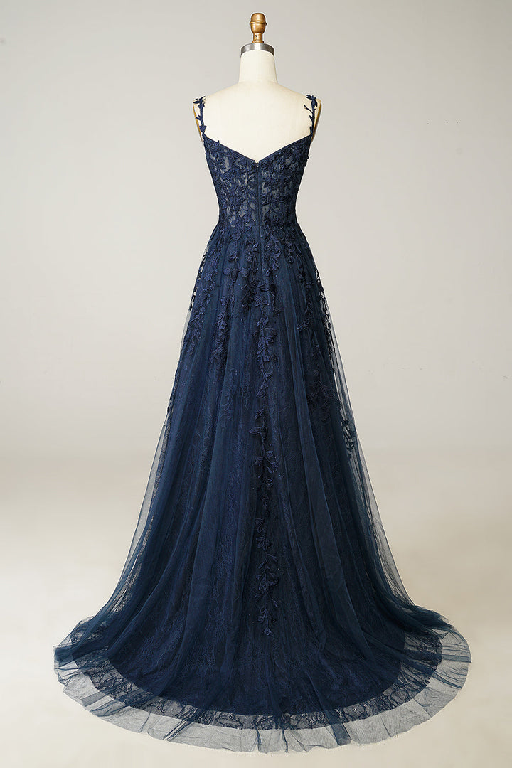 Stylish navy blue A-line ball gown with elegant appliques, ideal for wedding guests & galas.