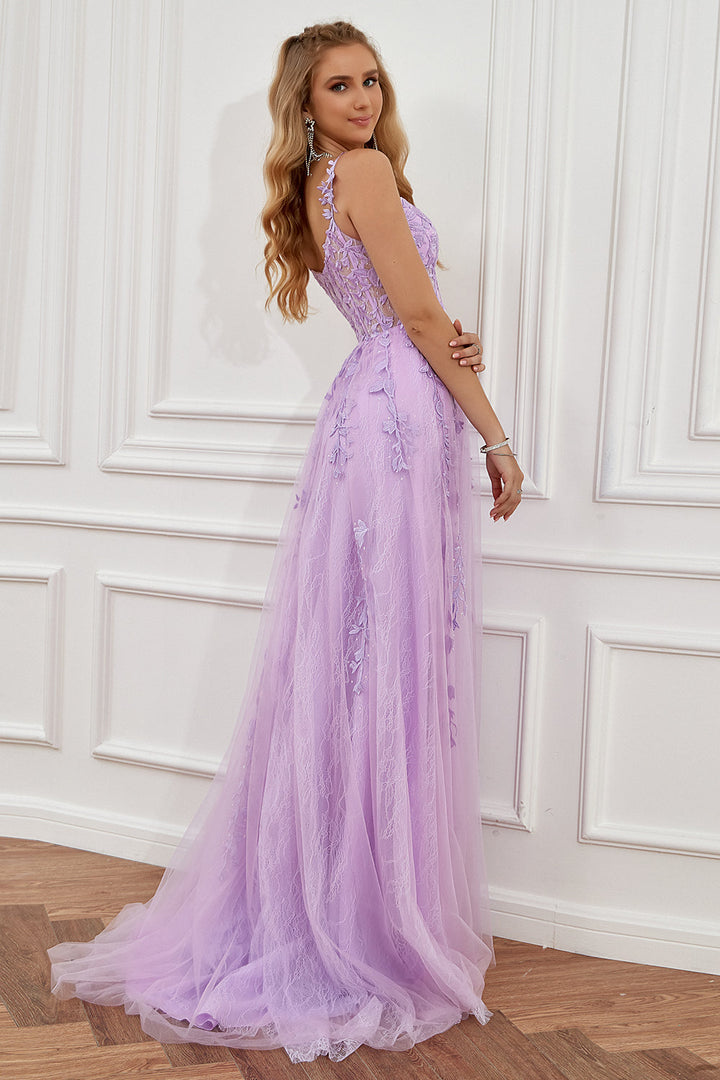 Elegant A-line ball gown with delicate appliques, a beautiful evening dress for formal events.