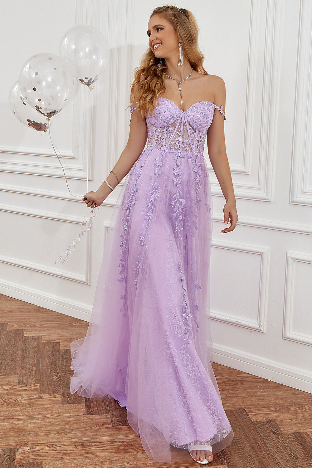 Navy A-line ball gown with appliques, an elegant evening dress for proms & galas.