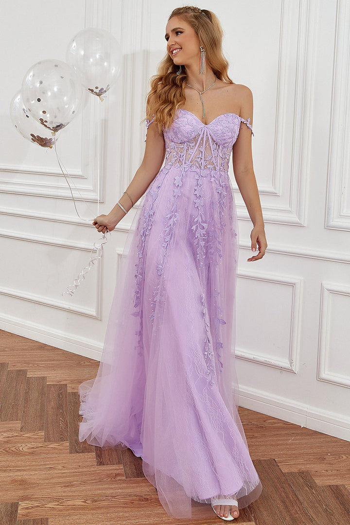 Navy A-line ball gown with appliques, an elegant evening dress for proms & galas.