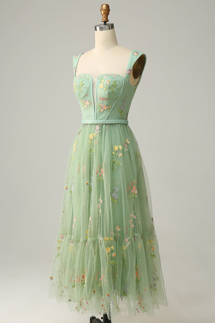 Women's formal A-Line gown featuring exquisite embroidery; a stylish choice for special occasions.