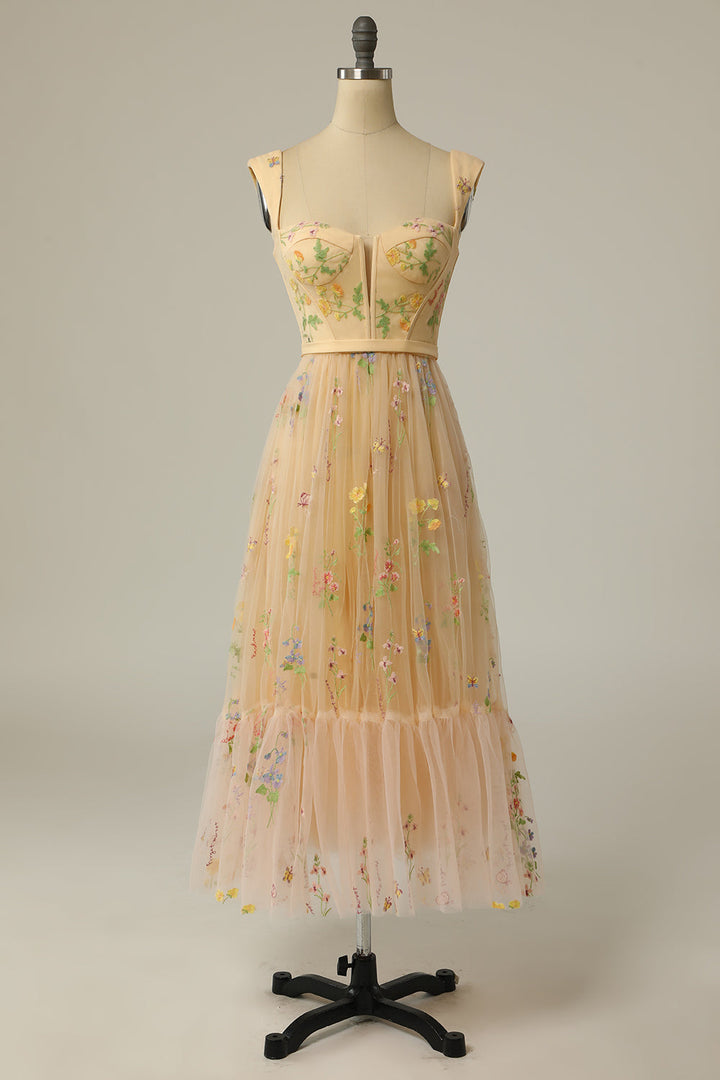 Beautiful embroidered A-Line ball gown for women, perfect as a wedding guest or prom dress.