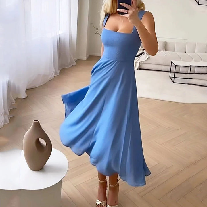 Elegant women's A-line midi dress. Flowy sleeveless design with a chic square neck, perfect for summer casual or formal.
