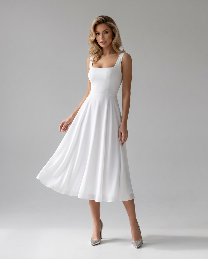 Elegant women's A-line midi dress, perfect for summer wedding guests. Flowy and sophisticated for special occasions.